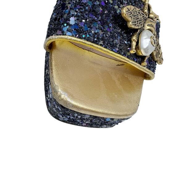 GUCCI Soko Bee Blue Glitter Platform Heels Gold
Trim Ankle Strap Size 38.5 - Picture 7 of 16